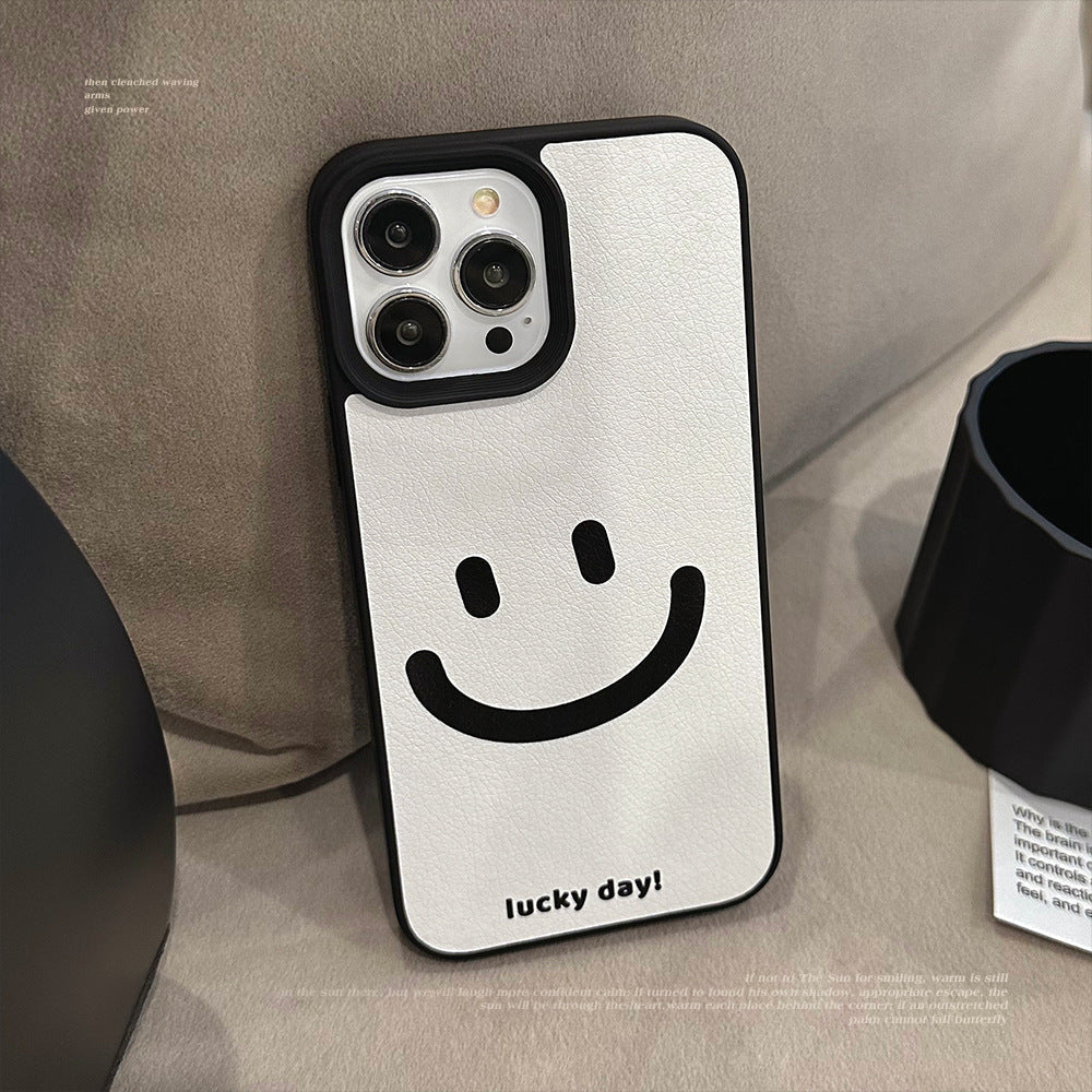 Minimal cure smiley face Apple phone case 17promax leather pattern 11 suitable for iPhone16 advanced sense 15 anti-drop