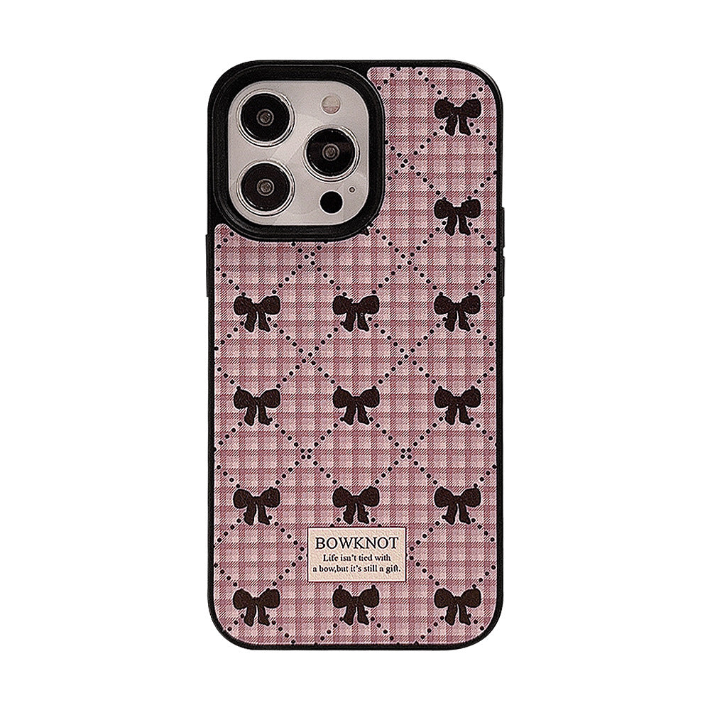 Korean bow plaid phone case 16 Apple 17promax sweet 11 for iPhone15 leather 13 winter