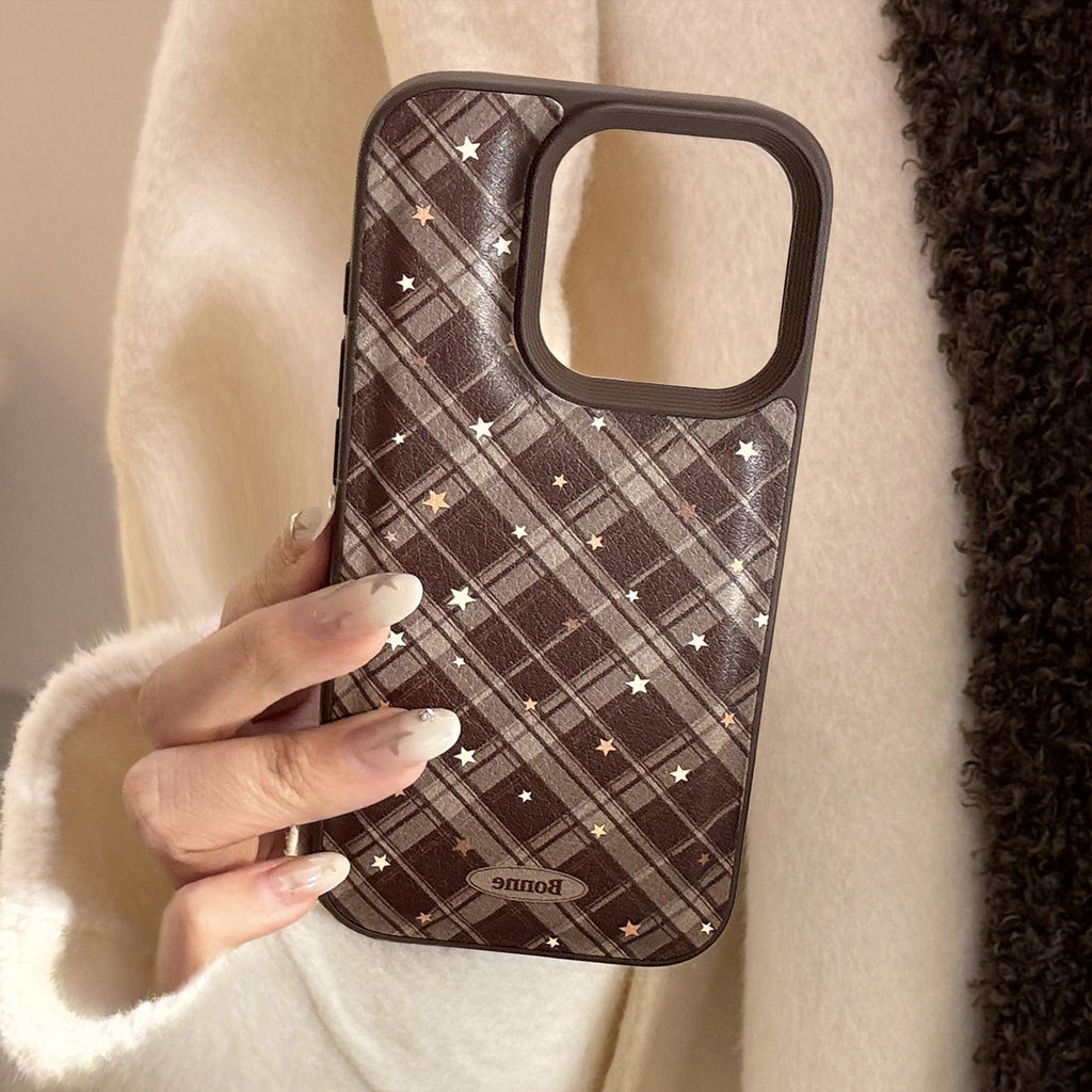 Warm brown rhombus star Apple 17 mobile phone case iPhone16promax leather 15 suitable for 13 retro 11 anti-drop